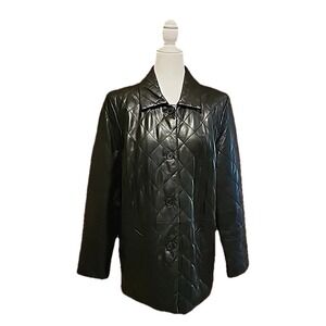 Modern Essentials Leather Jacket‎ Classic Quilted Car Coat Button Black Womens L